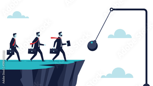 Group of businessmen walking in a line towards a dangerous swinging wrecking ball at the edge of a cliff representing risk and business failure.