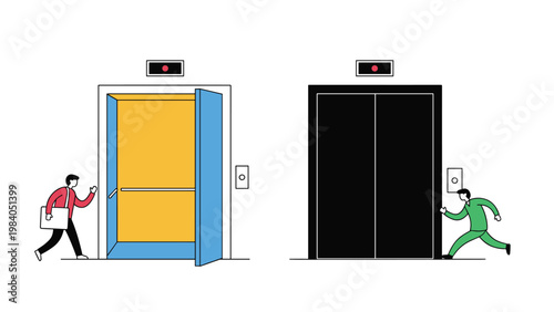 Businessmen running towards open and closed elevator doors in office building represents missed opportunities and timely arrivals.