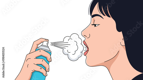Woman using blue breath freshener spray in her mouth depicts personal hygiene routine and preparation for social interaction.