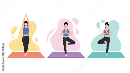 Three women performing yoga tree pose on colorful mats against abstract backgrounds promotes physical balance mindfulness and wellness.