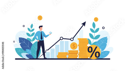 Businessman standing next to rising financial graph and stacks of gold coins symbolizes investment success and wealth accumulation.