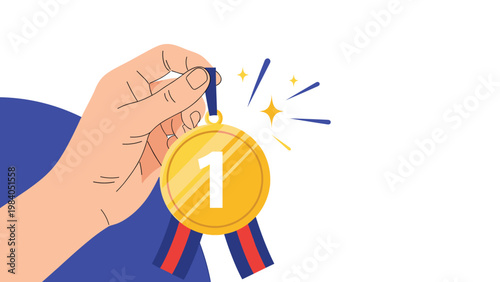 Human hand holding shiny first place gold medal with red and blue ribbon celebrates victory achievement and athletic success.