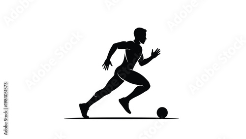 Black silhouette of soccer player running with ball on white background captures dynamic energy and athletic skill in sports.