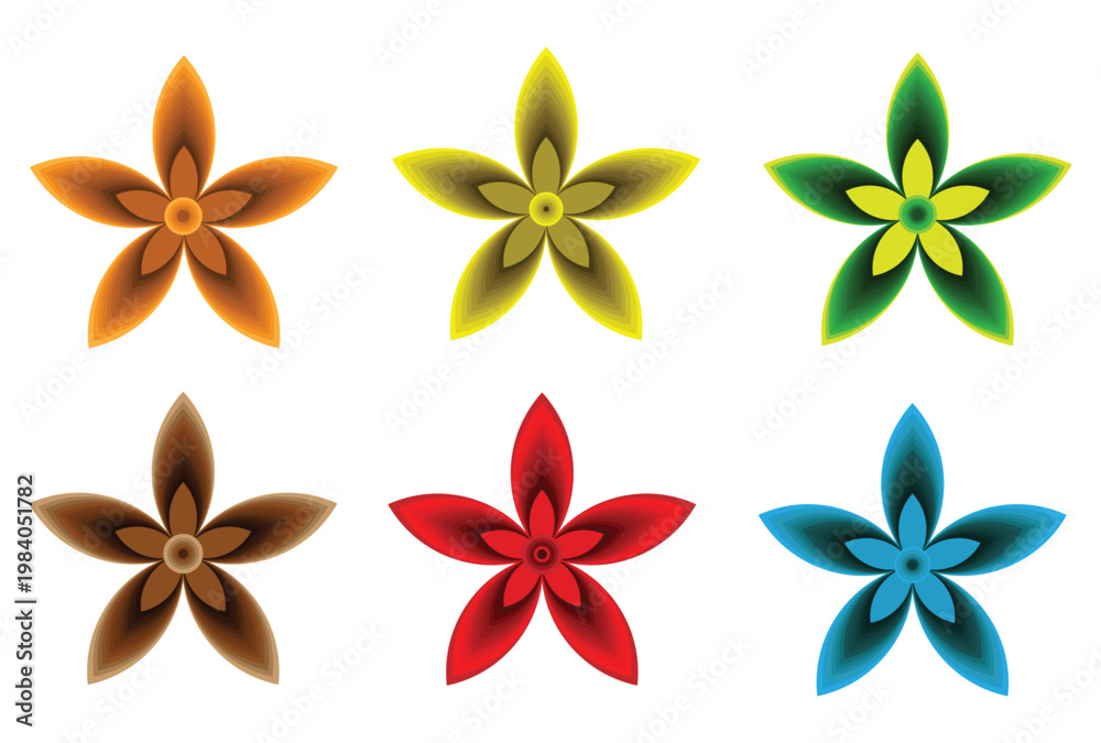 Fototapeta premium Six vibrant star-shaped floral patterns in gradient colors
