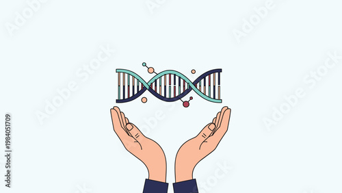 Human hands carefully cupping colorful double helix DNA structure represents genetic research medical science and bioengineering advances.