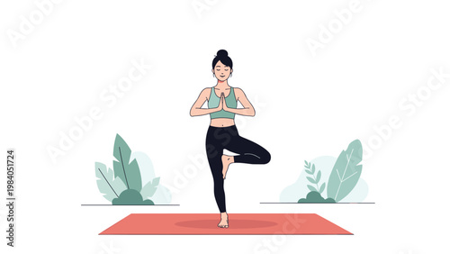 Young woman performing yoga tree pose on red mat in peaceful outdoor setting promotes mental health and physical wellbeing.