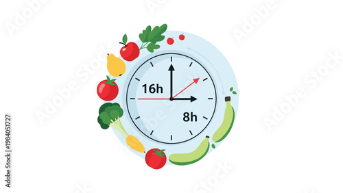 Clock face surrounded by fresh fruits and vegetables with sixteen and eight hour markers illustrates intermittent fasting dietary concept.