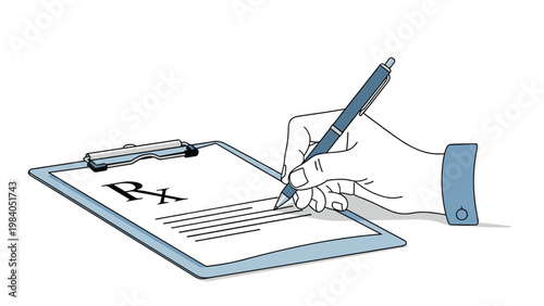 Hand of a doctor writing a medical prescription on a white clipboard with a pen to provide treatment for a patient.