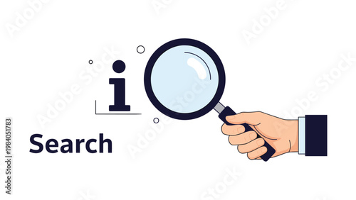 Magnifying glass held by a hand focuses on an information icon and search text to symbolize research and data discovery.