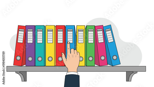 Professional person points at a specific blue folder among a row of multi-colored binders on a shelf in an office setting.