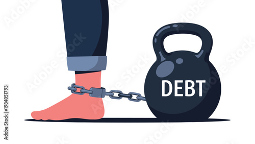 Person is metaphorically chained by their foot to a heavy black kettlebell with the word debt written on it in white.