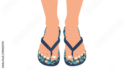 Pair of feet wearing stylish floral patterned flip-flops stands on a plain white background during the summer season.