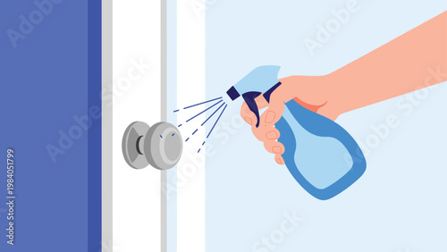 Person uses a blue spray bottle to disinfect a silver door handle as a preventive measure against germs and bacteria.
