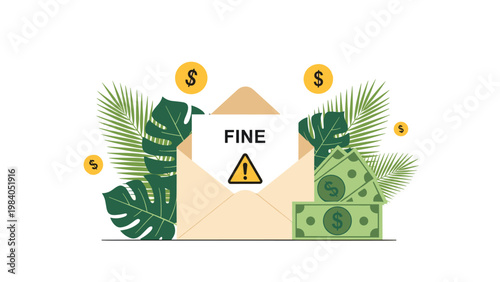 Open envelope contains a document with the word fine and a warning symbol surrounded by money bills and floating coins.