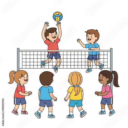 Children Playing Volleyball Together Outdoors.