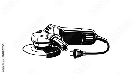 Detailed black and white technical illustration of a power angle grinder with a circular saw blade and an electric plug.