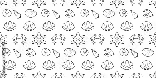 A seamless pattern of hand drawn seashells starfish and small crabs