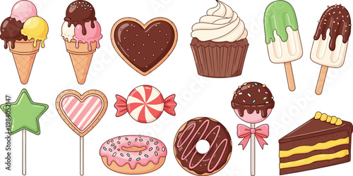 Sweet desserts vector illustration set featuring ice cream cupcakes donuts candies cookies and cakes colorful bakery collection isolated