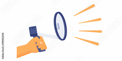 A hand holding a megaphone with sound waves emanating outwards