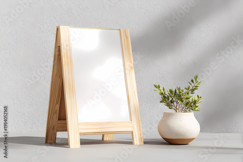 A small potted plant sits beside a wooden easel with a blank white board on a gray surface