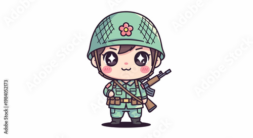 Cute cartoon soldier girl in uniform.