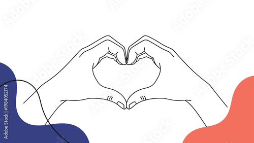Two hands come together to create a heart shape against a modern abstract background with blue and red organic shapes.