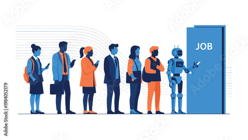 Diverse group of people and a robot wait in a long queue in front of a blue door with the word job written on it.