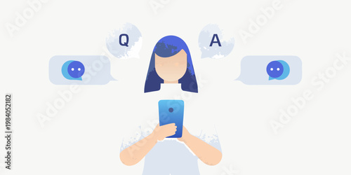 Woman using a mobile phone with question and answer speech bubbles