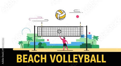 A dynamic beach volleyball game featuring two players in action