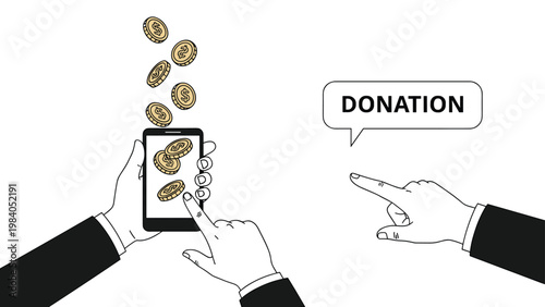 Professional hands use a smartphone where golden coins fall into the screen next to a speech bubble with the word donation.