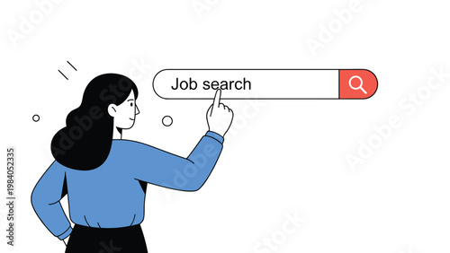Job search concept with a woman pointing her finger at a large internet search bar on a white background for employment needs.