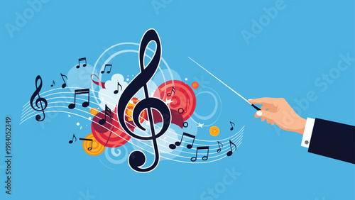 Musical conductor hand with a baton directing an orchestra against a background of various musical notes and artistic symbols.
