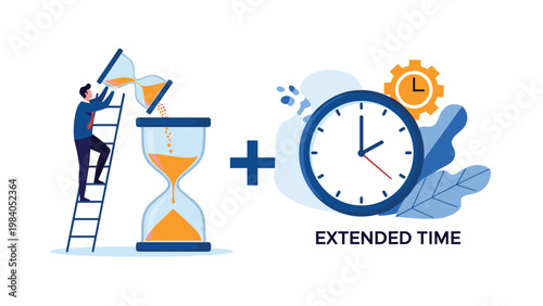 Time management and deadline extension concept with a businessman adding sand to an hourglass and a large circular clock.