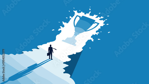 Business achievement and goal pursuit concept with a businessman looking at a giant trophy shining in the sky above the city.