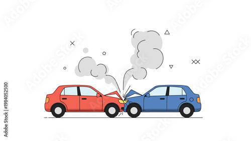 Car accident collision concept showing two cars crashed head on with smoke rising from their engines after a major impact.