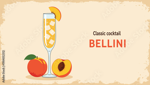 Classic Bellini cocktail served in a champagne flute with peach slices and ice against a vintage textured paper background.