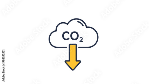 Carbon dioxide emission reduction concept with a CO2 cloud icon and a downward pointing yellow arrow for environmental care.