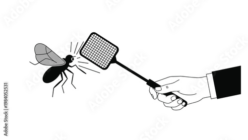 Hand holding a fly swatter about to hit a flying insect in an indoor pest control and hygiene concept for a clean environment.