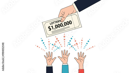 Hand holding a lottery ticket for one million dollars above several hands reaching up to grab it in a game of luck and chance.