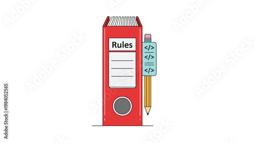 Document binder labeled rules with a pencil holder showing different coding and programming symbols for software developers.