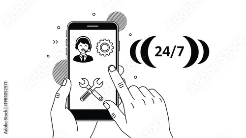 Customer support service on smartphone with operator icon, repair tools, and twenty four seven availability text for help.