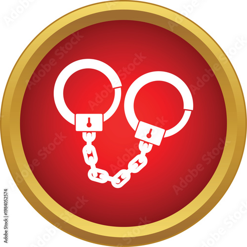 White handcuffs icon on a red and gold button symbolizing law enforcement and detention