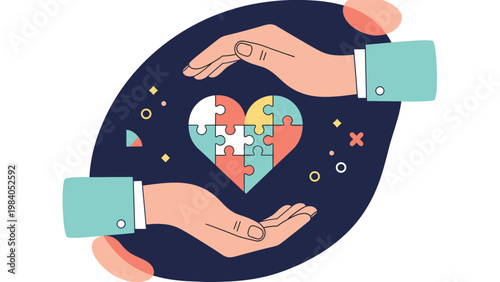 Two hands protecting a heart puzzle on a dark background representing healthcare, charity, and social support services.