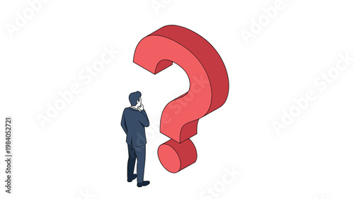 Businessman in deep thought stands before giant red question mark representing decision making process and problem solving.