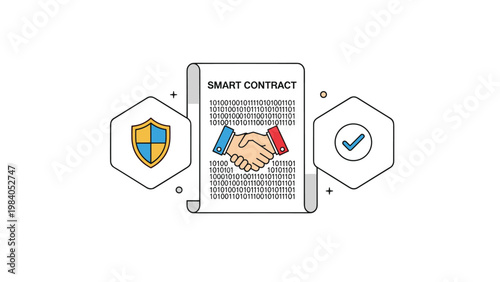Secure smart contract digital technology concept features paper document with handshake shield and checkmark icons for safety.