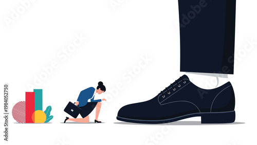 Corporate inequality illustration shows giant business shoe about to step on small businesswoman carrying briefcase near charts.