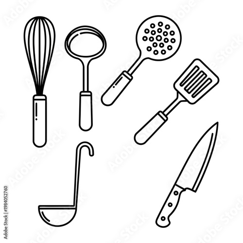 Set of outline kitchen utensils: whisk ladle skimmer spatula knife with line art