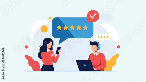 Customer service concept with a woman giving a five star rating via phone and a support agent with a headset working on a laptop.