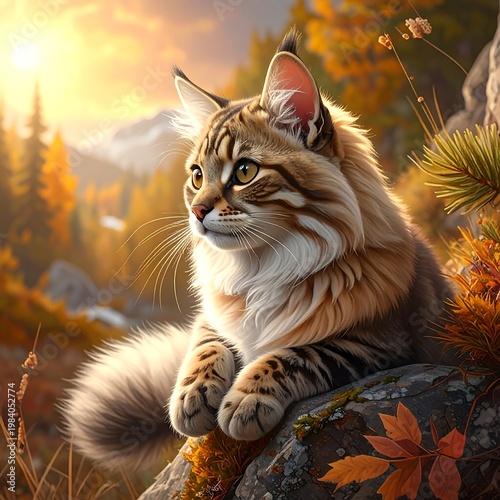 A serene feline perches on a rock amidst autumn foliage
