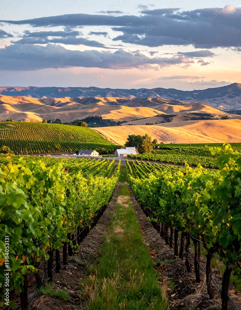 Fototapeta premium Vineyard scene with rolling hills, sunny skies, and verdant rows
